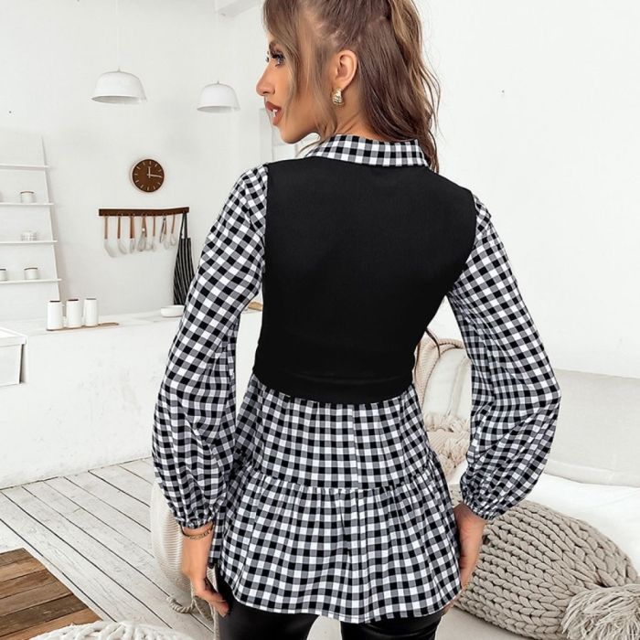 2022 Spring Women's Elegant Long-sleeved Turndown Collar Stitching Tops Striped Tops Fashion Fake Two-piece Shirts