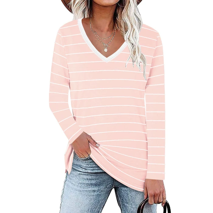 2021 Spring and Autumn T-Shirt Women Fashion Casual Loose V-Neck Stripe Cotton Long Sleeve Tops Plus Size Pullover Tee