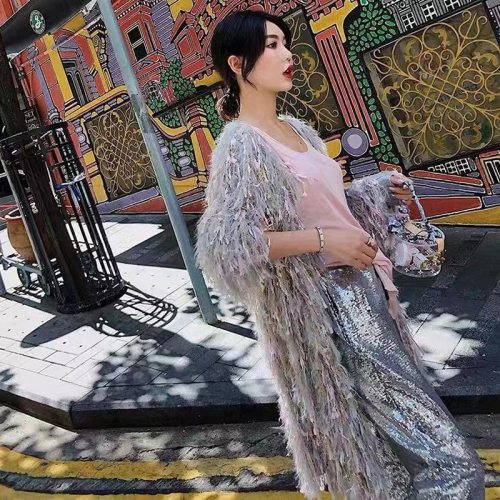 Luxury Shiny Sequins Knit Fringed Sweater Cardigan Korean Women Mohair Winter Loose Handmade Crocheted Jacket Fluffy Long Coats