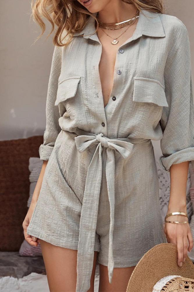Lace Up Solid Gray Cotton Linen Rompers Women Jumpsuit Shorts 2021 Casual Long Sleeve Boho Beach Wear Loose Summer Playsuits