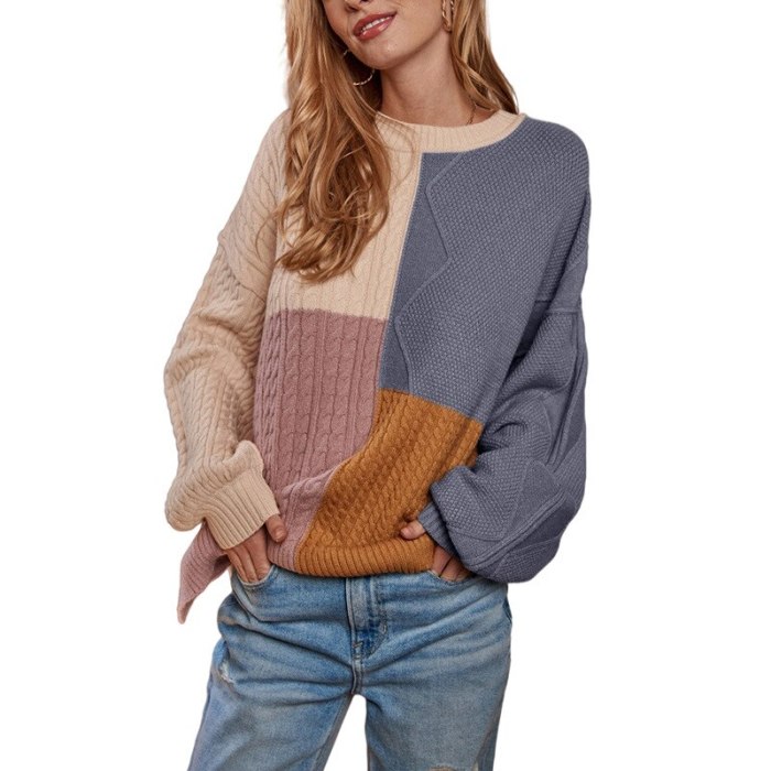 Women Clothing Sweater Autumn Winter 2021 New Knitwear Female Lantern Sleeve O Neck Contrast Color Twist Knit Pullovers