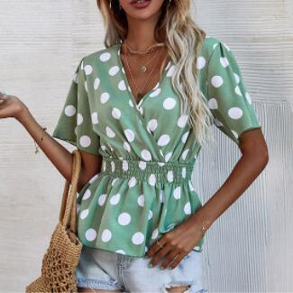 Fashion Women Summer Polka Dot Print T-Shirts for Streetwear Shrinkage Design V-Neck Short Sleeve Elastic Mid Waist Slim Top