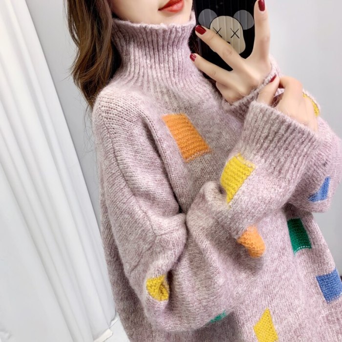 Women Turtleneck Sweater 2021 New Autumn Winter Vintage Color Plaid Oversized Pullover Sweater Female Outwear Jumper Lady