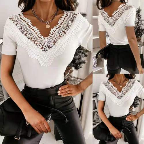 2021 Fashion Lace Sexy Women'S Shirts Solid Short Sleeve Summer Hollow Out Patchwork Casual Tunic Tops Women Clothing