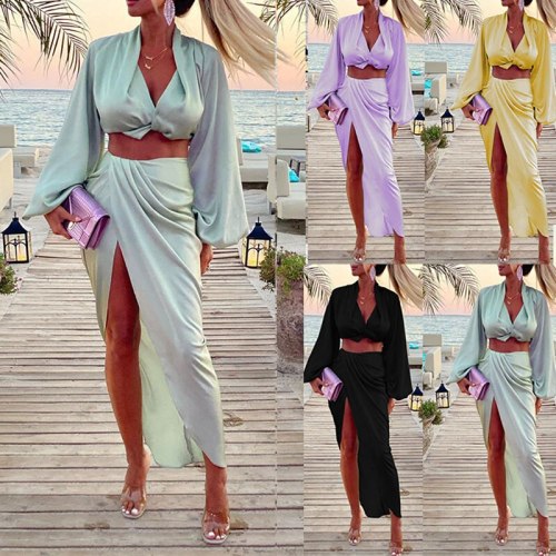 Women Long Sleeve Crop Tops Midi Skirts Set 2021 Autumn V-neck Ruched Side Split Skirts Two Piece Set Ladies Club Party Vestidos
