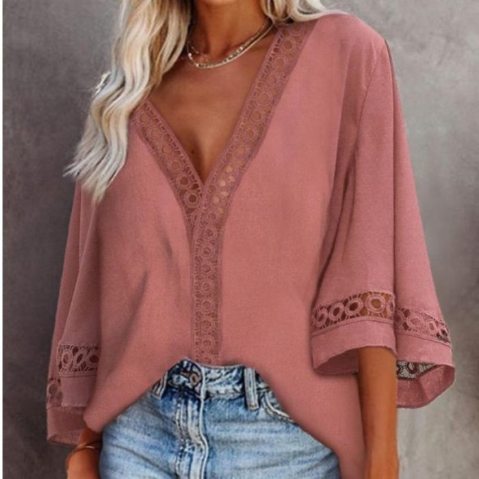 Women's Blouse Summer White Tops Loose Flared Sleeves Blouses V-Neck Hollow Lace Stitching Shirt Female Blusas Mujer Plus Size