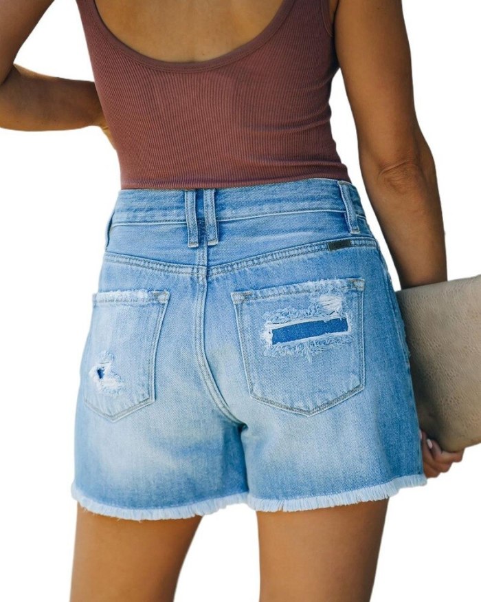 Women Fashion Pockets Ripped Denim Shorts Vintage High Waist Zipper Female Short Jeans Mujer 2021 Summer NEW