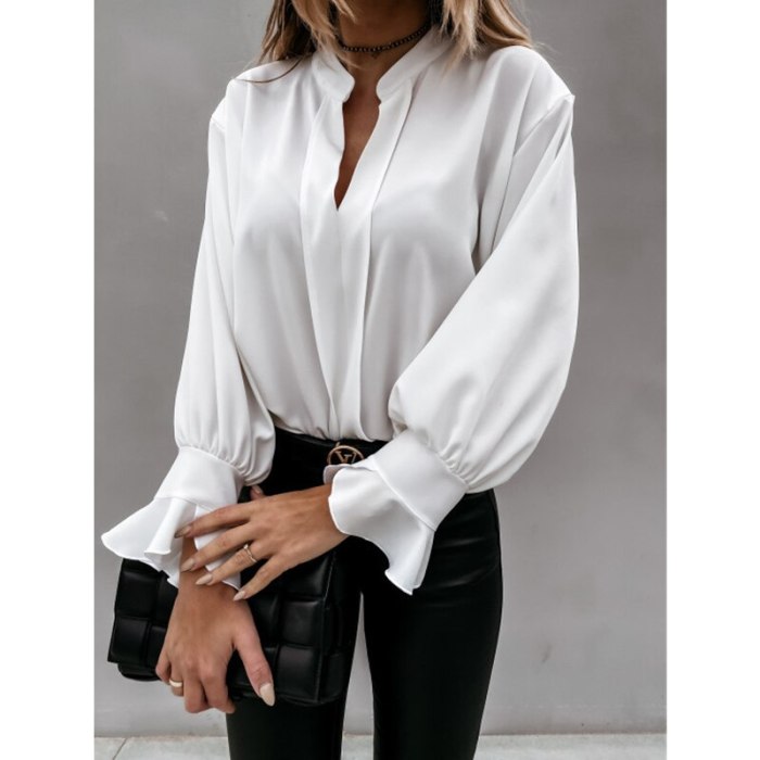 New Flare Sleeve Women's Blouse Sexy Deep V-neck Female Blouses 2021 Summer Patchwork Office Casual Ladies Long-sleeved Shirt