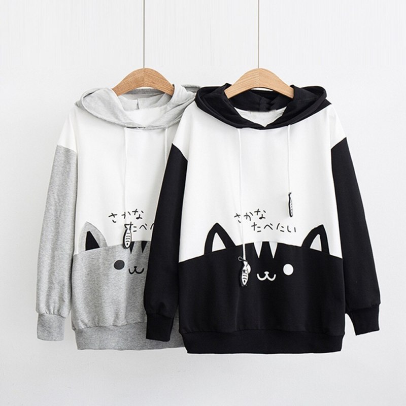 Women Cat Print Sweatshirt Casual Hooded Pullover