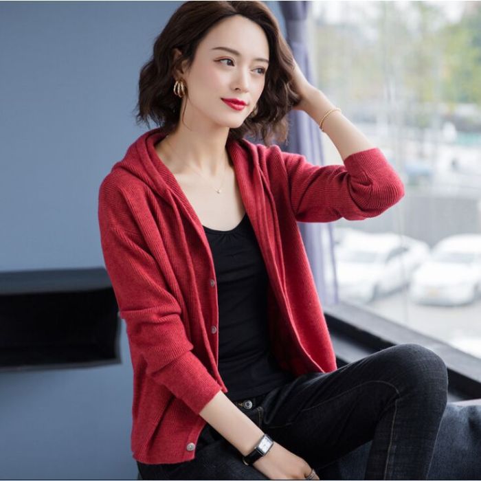 Women 2021 Spring Autumn Casual Hooded Thin Knitted Sweater Female Loose Cardigans Coat New Ladies Solid Outerwear NS4637