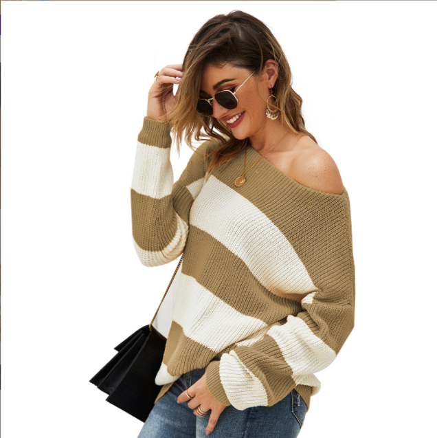 New Fashion Loose Striped Sweater Women Sexy Slash Neck Knitted Sweaters Spring Autumn Female Pullover Knit Jumpers