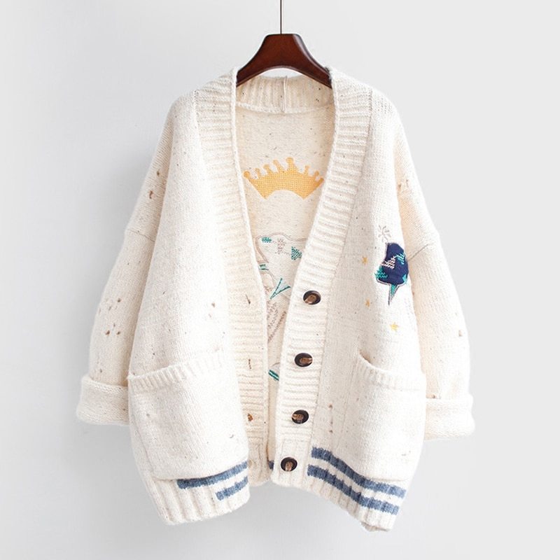 Winter Knitted Cardigan Cartoon Embroidery Oversize Sweater Coat