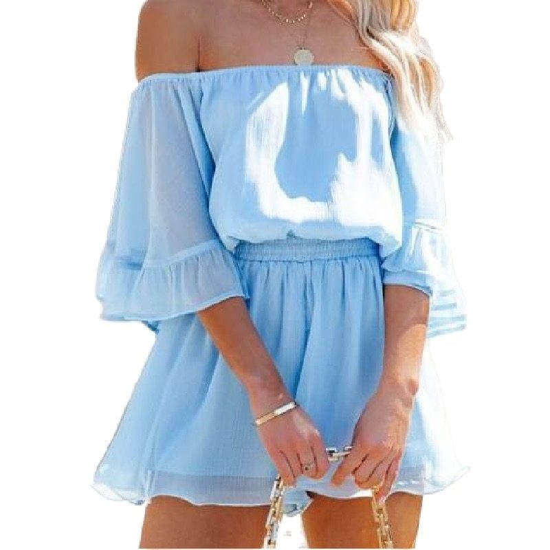 Women Summer Chiffon Playsuits Off the Shoulder Strapless Short Jumpsuits and Rompers Ladies Beach Casual Bodysuits