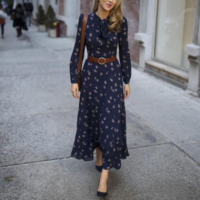Casual Long Sleeve Printed Colour Elastic Maxi Dresses