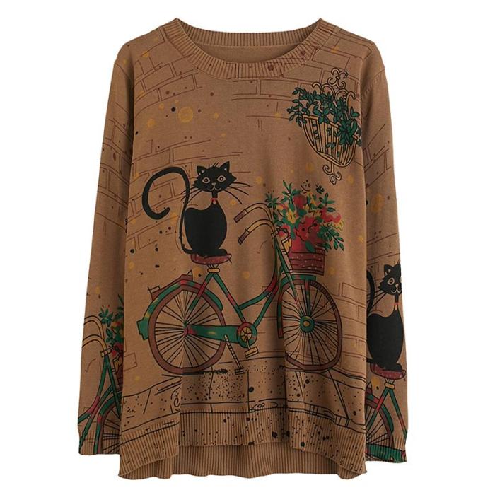 Cat Print Sweater Jumper Pullovers Knitted Sweaters