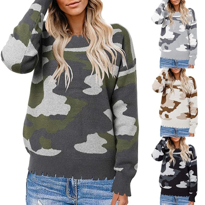 2021 New Women Sweaters Ins Fashion Women O-neck Camouflage Sweater