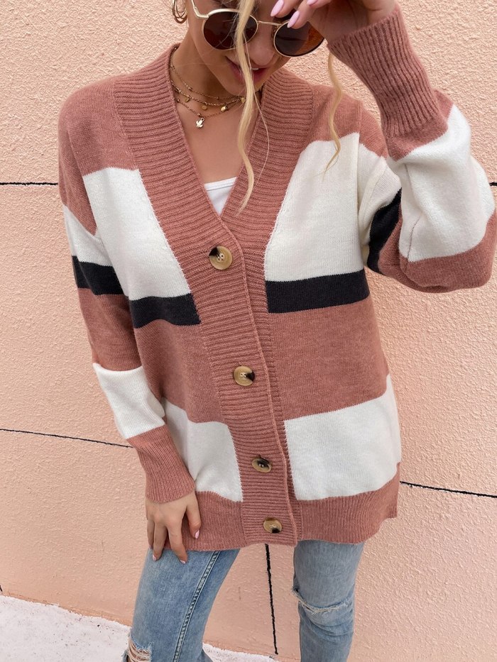 New Women Sweater Coat Autumn Winter V Neck Patchwork Mid-Long Style Cardigan Single-Breasted Loose Casual Knitted Striped Coat