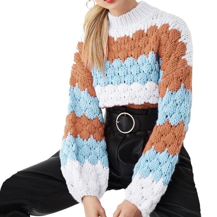 New Autumn Winter Wave Stripe Knitted Feather Hollow O-Neck Long-Sleeved High Neck Fashion Sweater Women Casual Knitted Sweaters