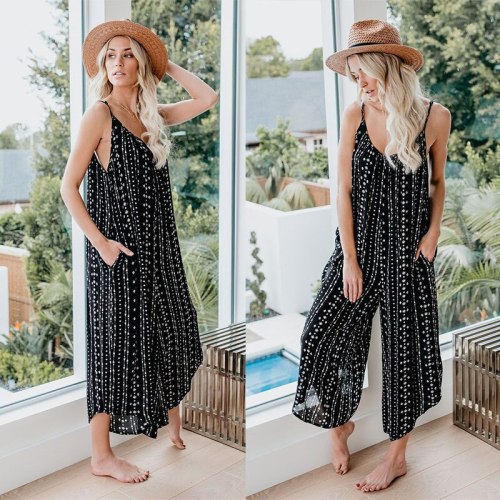 Sexy Backless Sleeveless Pockets Wide Leg Jumpsuits 2021 Spring Summer New Suspender Sexy Print Chiffon Playsuits Women Rompers