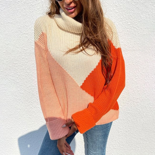 Fall/winter new color contrast lapel pullover sweater womens plus size knit pullover autumn simplee pull over sweater women