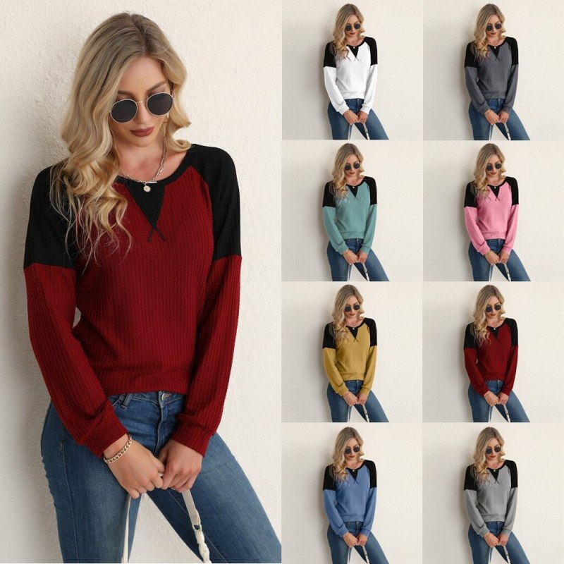 2021 Spring and Autumn Knitted Pullover Top Round Neck Stitching Long-sleeved Sweater England Style Women's Fashion Clothing