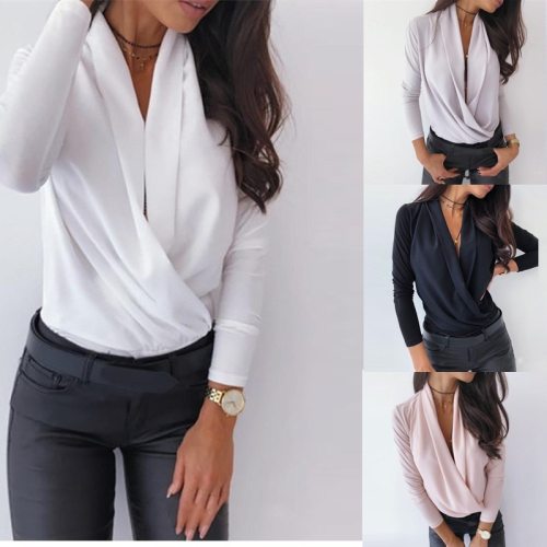 Spring White Harajuku Women Blouse Sexy Solid Deep V Neck Long Sleeve Chiffon White Blouse Casual Office Wrap Top Shirts Female