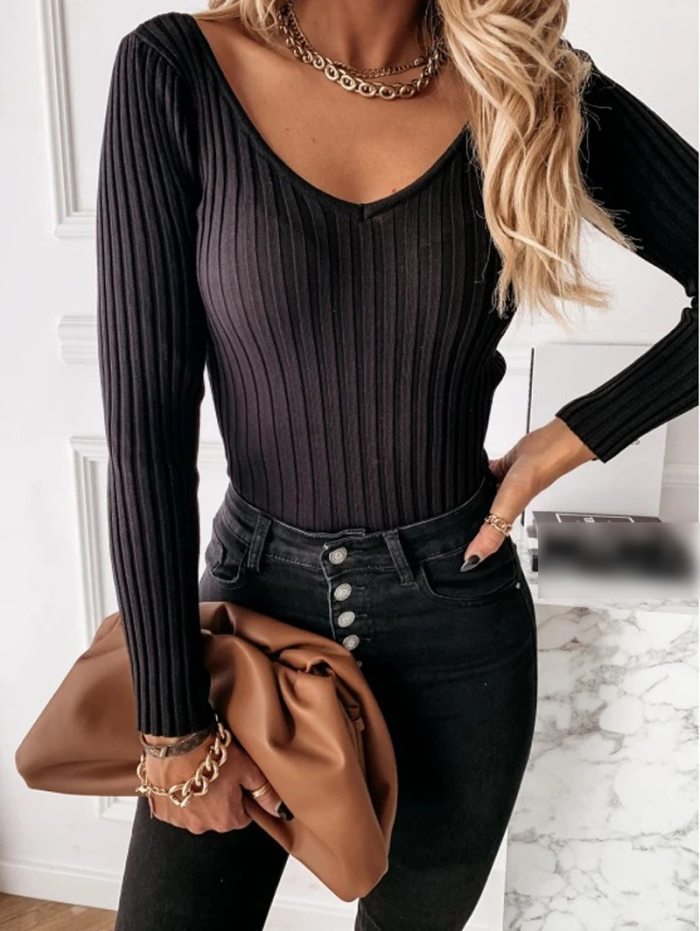 Women Sweater Autumn Ribbed Knitted V-Neck Long Sleeve Solid Color Sexy Slim Tops Black Wild Ladies Clothing