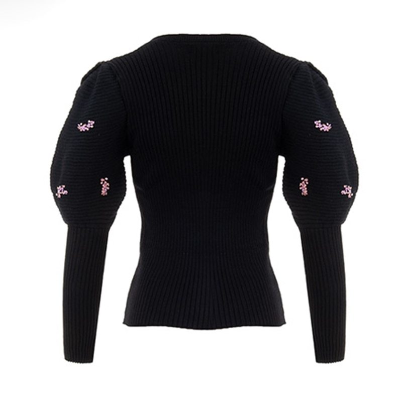 Sequined Caidigans Puff Sleeve Slim Black Sweaters