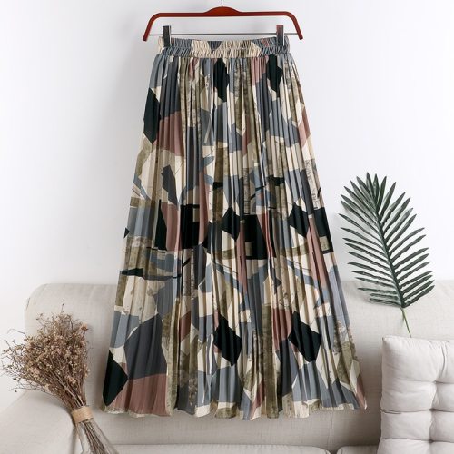 2021 New Vintage Geometric Printed Tulle Pleated Women's Mi-Long Skirts High Waist Female Umbrella Skirts Spring Summer