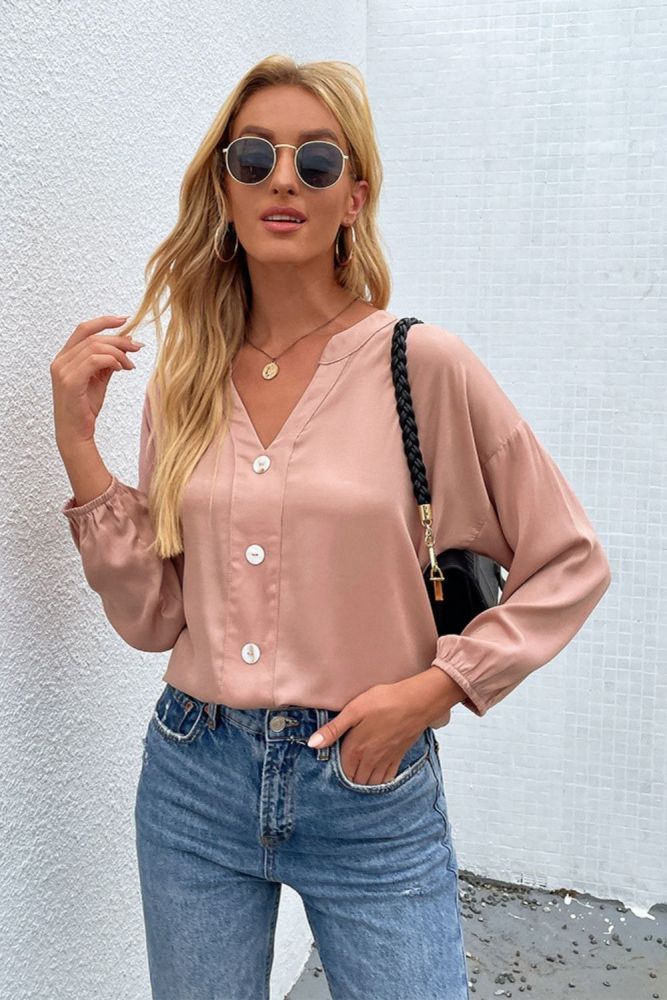 Fashion Solid V Neck Simple Shirt Top Women 2022 Spring Summer New Full Sleeve Button Oversize Top Female Casual