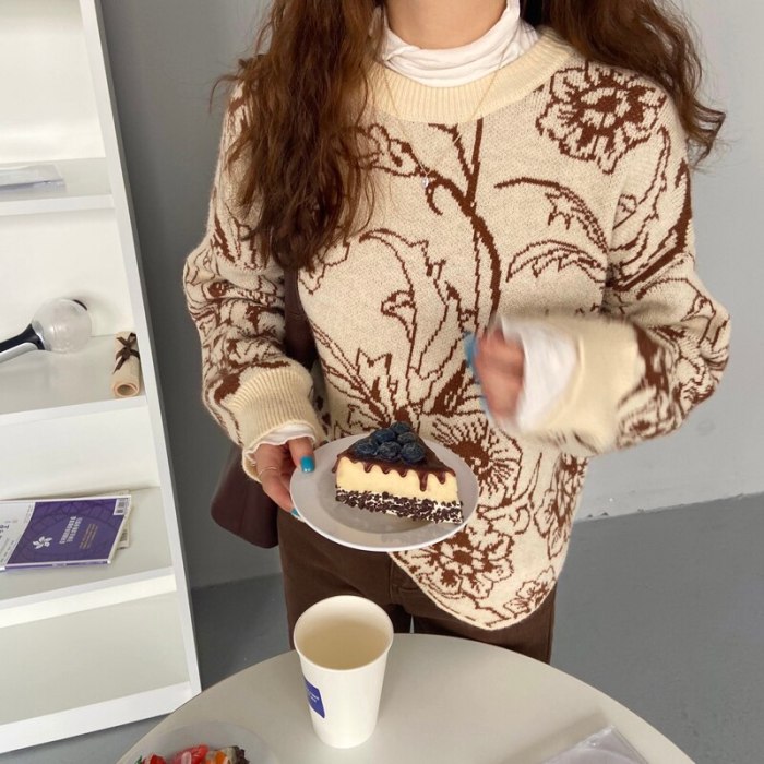 Women Irregular O-Neck Knitwear Floral Printing Sweater