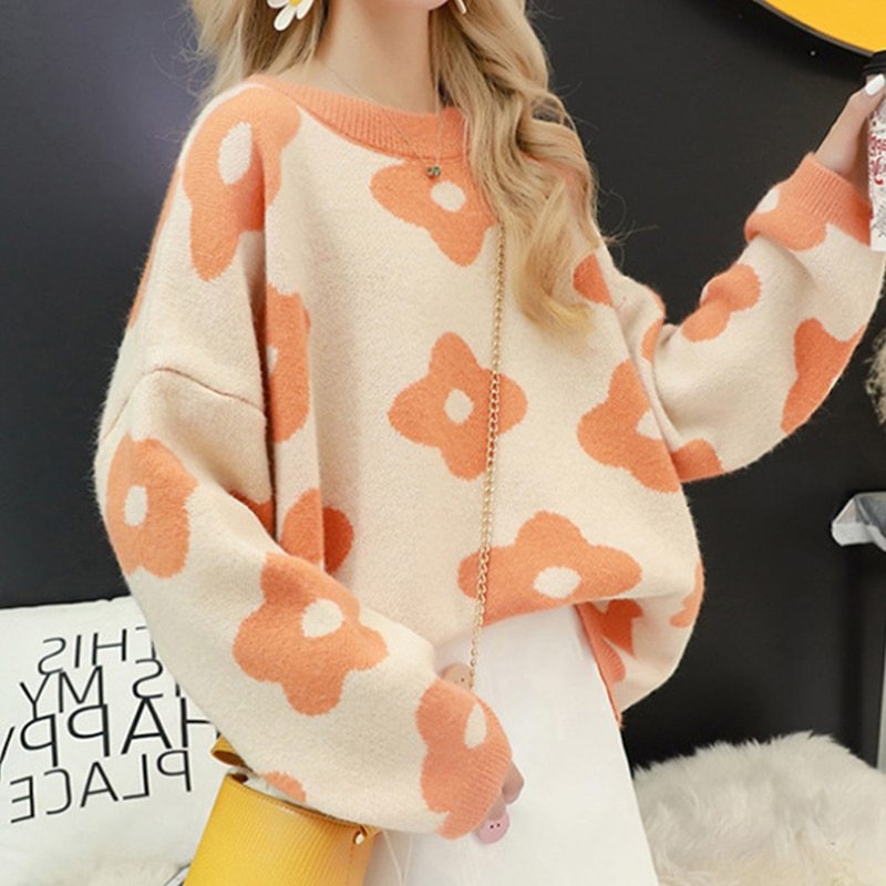 Women Knitted Sweaters Floral Pullovers Loose Sweaters