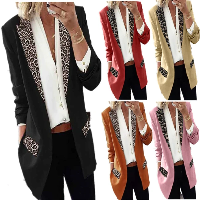 Spring and Autumn Casual Fashion Leopard Print Neck stitching Long-Sleeved Small Suit Jacket Women