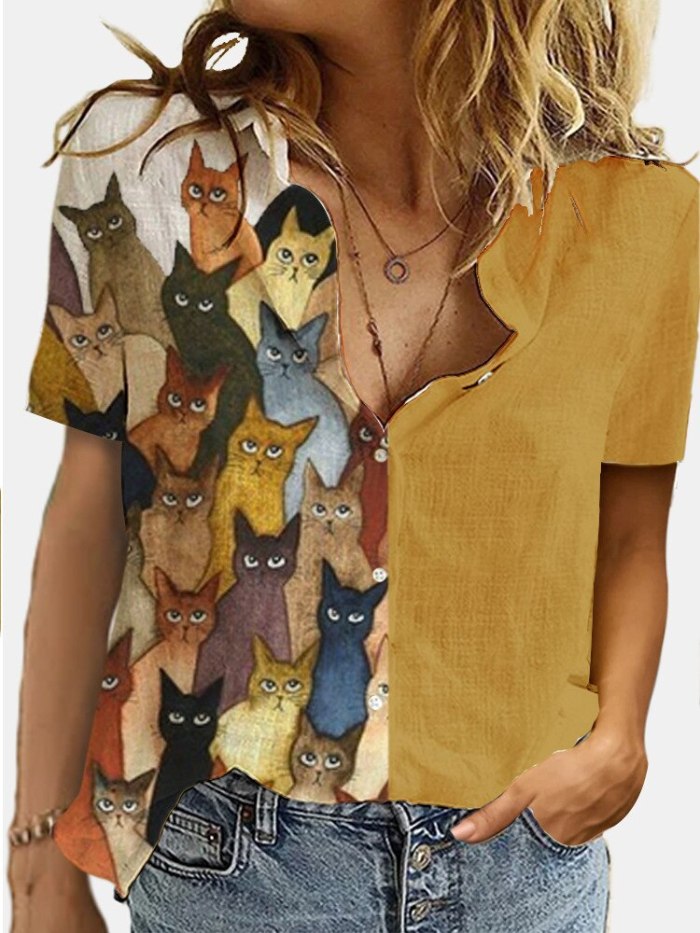 Creativity Cute Cat Print Women's Blouse Shirt 2021 Summer New Lightweight Personality 3D Short Sleeve Casual Trendy Lady's Tee