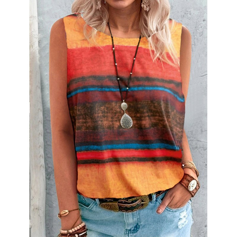 S-5XL Summer Casual Rainbow Gradient Sleeveless T-shirt Loose Pullovers Women Elegant Round Neck Vintage Stripe Print Streetwear