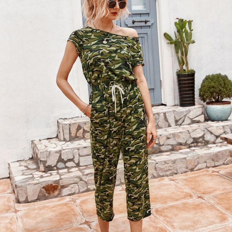 Summer Camouflage Print Lace Up O Neck Jumpsuits Women's Streetwear Casual Strapless Short-sleeve Pocket Woman Jumpsuits