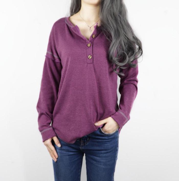Fashion Round / V Neck With Button Long Sleeve Plain Casual Blouse