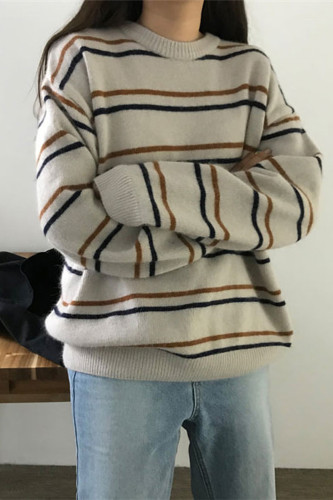 Women Pullovers O-Neck Striped Knitted Loose Sweaters