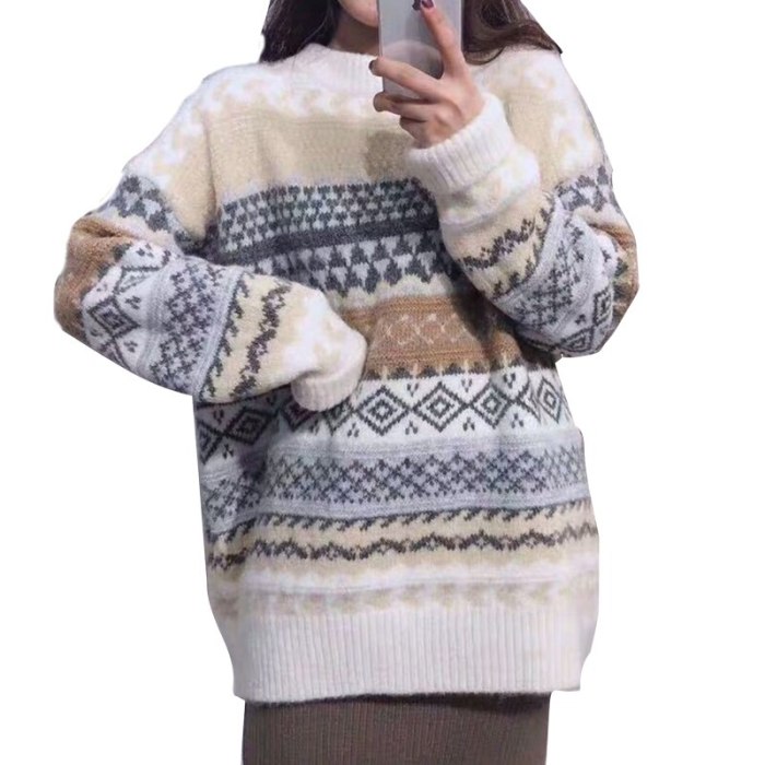 Women Autumn Winter Long Sleeves Half Turtleneck Knitted Sweater Korean Style Contrast Color Jacquard Loose Pullover Mid-length
