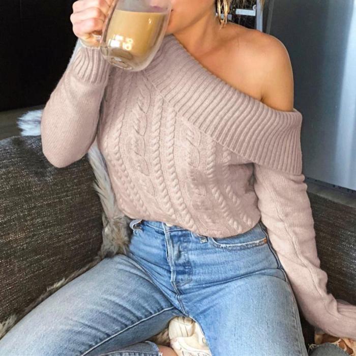 streetally Elegant one shoulder knitted sweater women Asymmetrical puff sleeve pullovers female Ladies autumn winter sweaters 2020