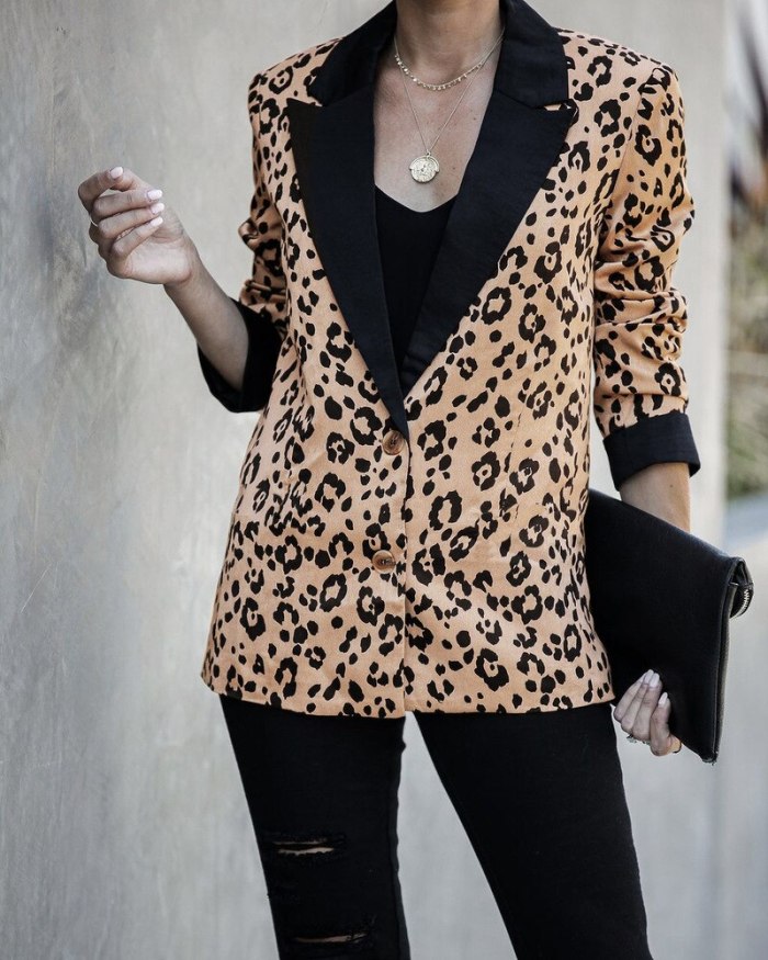 Leopard V-Neck Casual Office Blazer Women Single Breasted Fashion Blazer Suit Spring Autumn Jacket All-Match Simple Slim Outwear