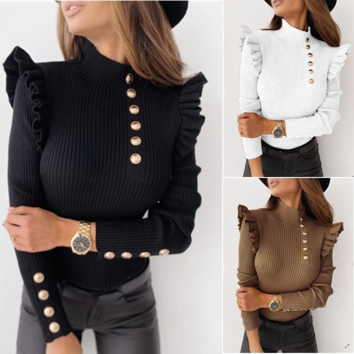 T-shirt Women Turtleneck Pullovers Solid Ruffles Fly Sleeve Buttons Slim Rib Knitted Basic T Shirt Fall Elastic Tops