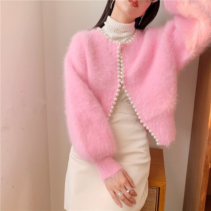Korean Knitted Women Solid Cardigan Pearl Lantern Sleeve Sweet Elegant Thicken Fashion Mink Sweater Femme Jumpers 2021 Tops