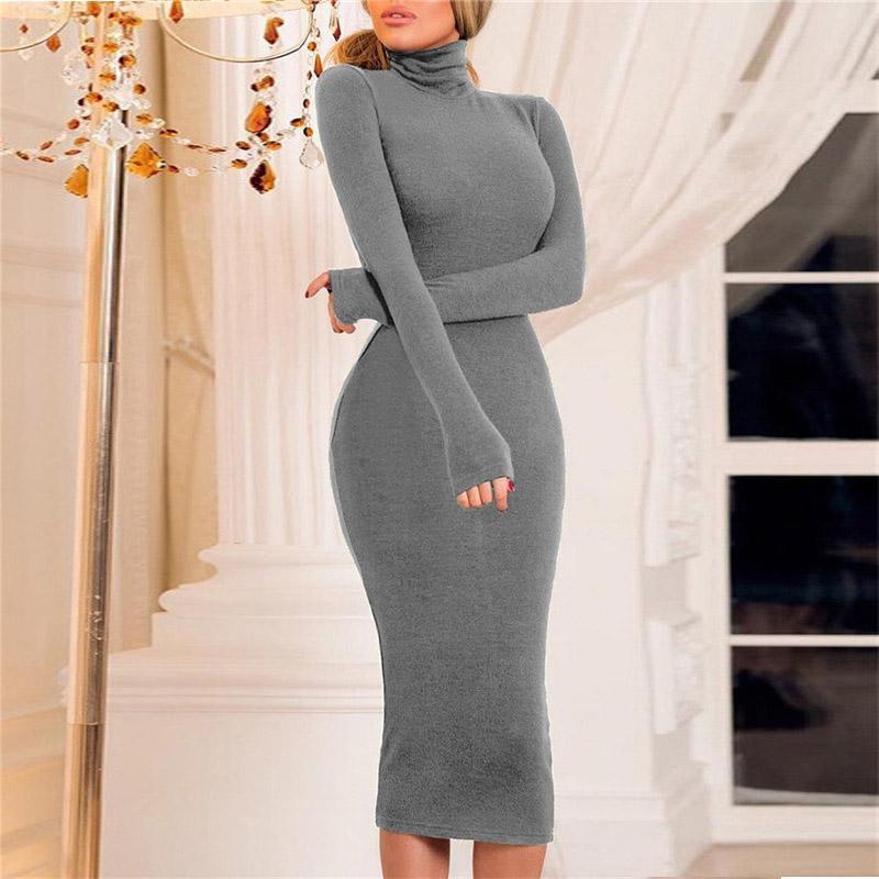 Solid Color Turtleneck Tight Knit Dress