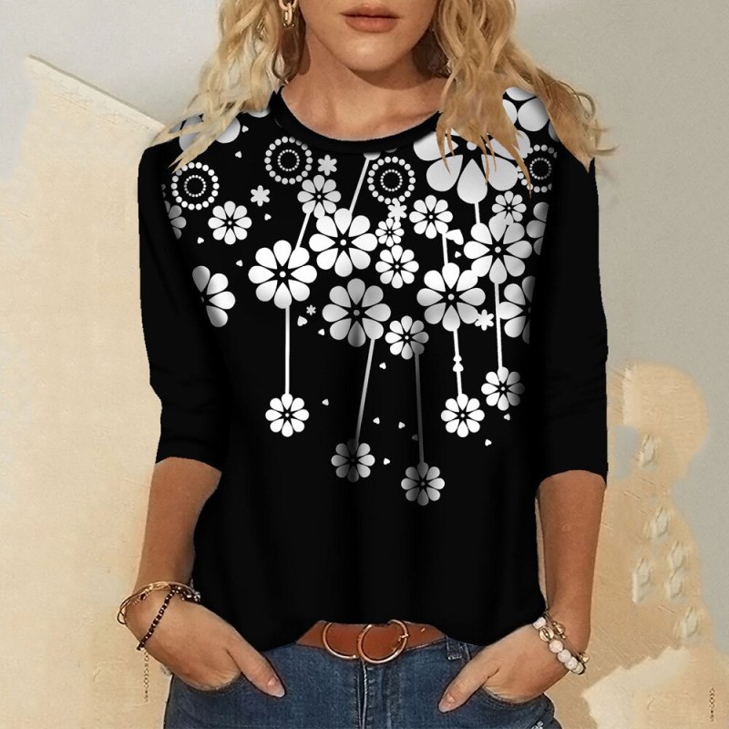 Hot Autumn Winter Women's Casual Printed Round Neck Vintage Long Sleeve T Shirt Shirts Loose Fashion New Pullover Streewear Tops