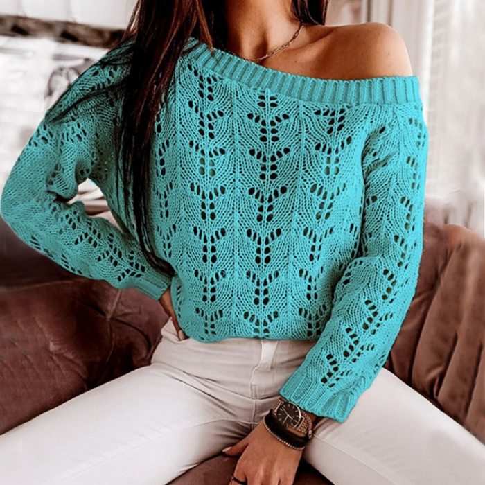 Women's V neck Knitted Jumper Pullover Hollow Out Sweater