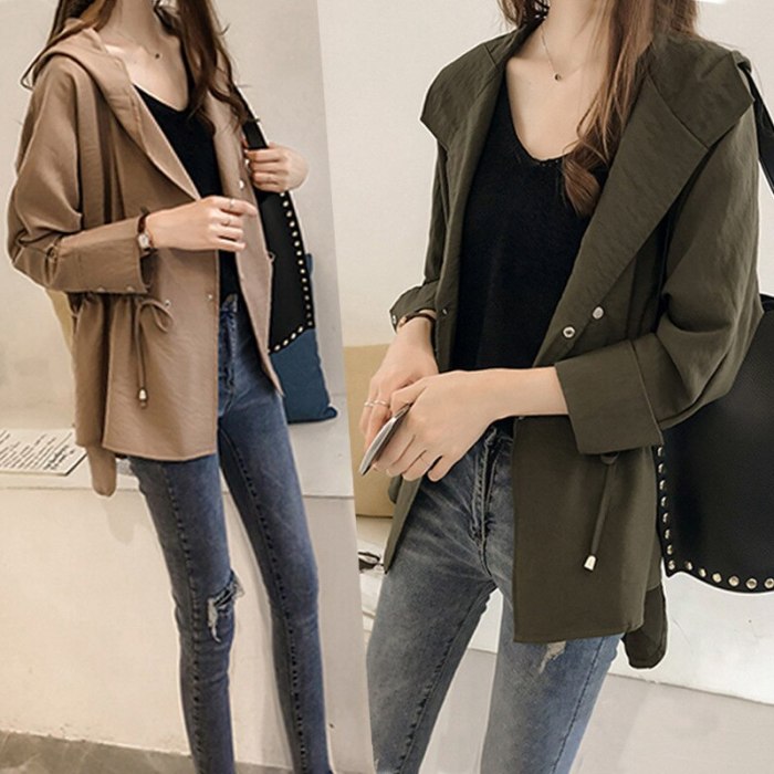 Women Clothes 2021 New Loose Hooded Windbreaker Spring And Autumn Mid-Length Slim Long Sleeve Cardigan Solid Color Size Jacket