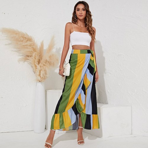 Women Striped skirts New Arrival 2021 Irregular Length Ruffle Split Bohemian Midi Skirt Contrast Color Patchwork Fashionable