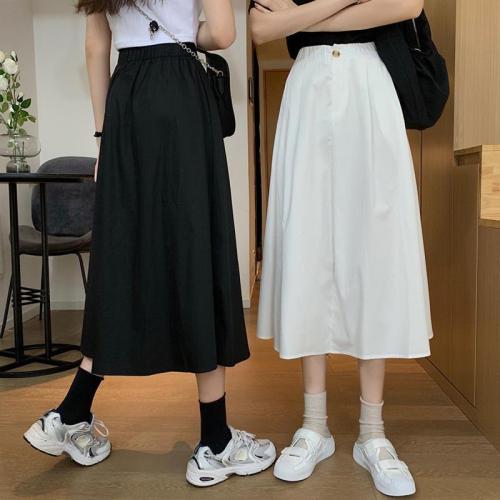 Skirts Women Basic Summer Fashion All-match Solid Empire Womens Mid-Calf Skirt Elastic Waist Black Classic Korean Femme Clothes