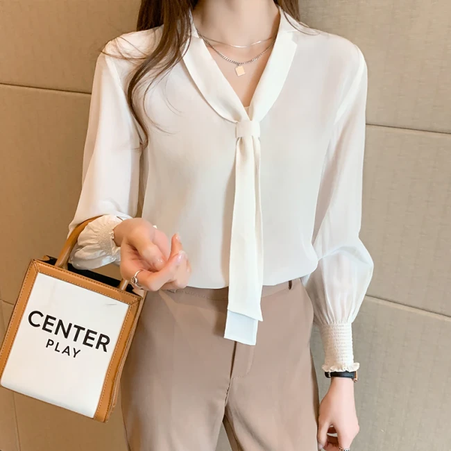 Korean Women Shirt Chiffon Blouses for Women Long Sleeve Shirts Tops Woman White Shirt Blouse Woman V-neck Blouse Shirts Top XXL